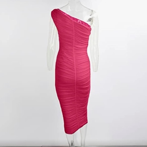Pofash Bodycon Ruched Tube Midi One Shoulder Lined Fuchsia Pink Dress- Medium - Picture 4 of 8